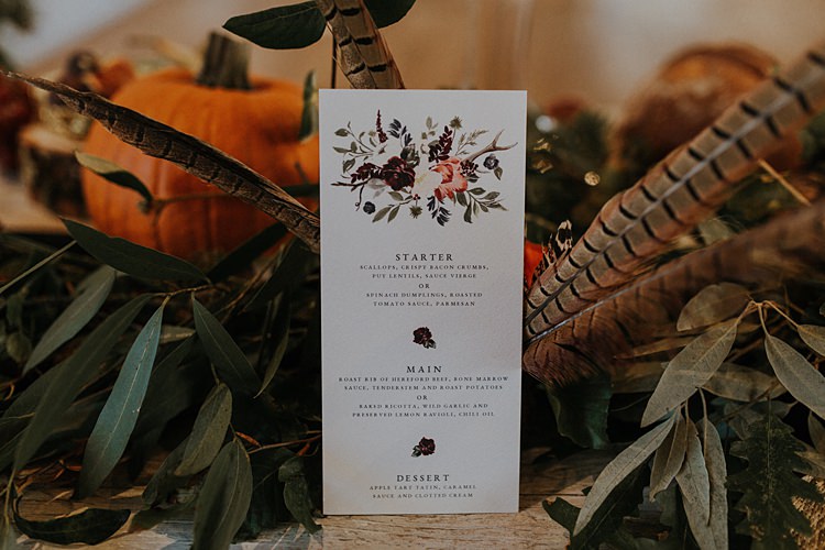 Stationery Menu Calligraphy Floral Banquets Bonfires Autumn Wedding Ideas https://lolarosephotography.com/