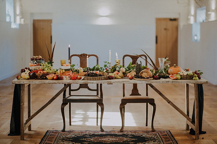 Table Tablescape Decoration Flowers Vegetables Fruit Pumpkins Candles Banquets Bonfires Autumn Wedding Ideas https://lolarosephotography.com/