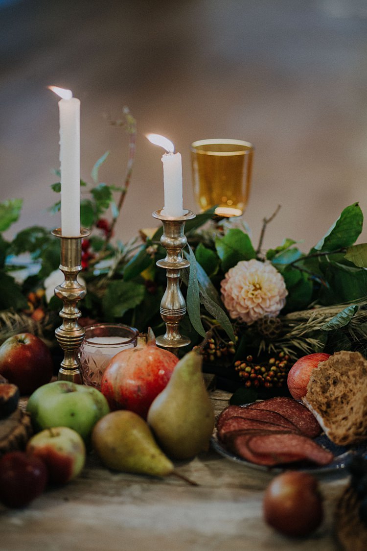 Table Tablescape Decoration Flowers Vegetables Fruit Pumpkins Candles Banquets Bonfires Autumn Wedding Ideas https://lolarosephotography.com/