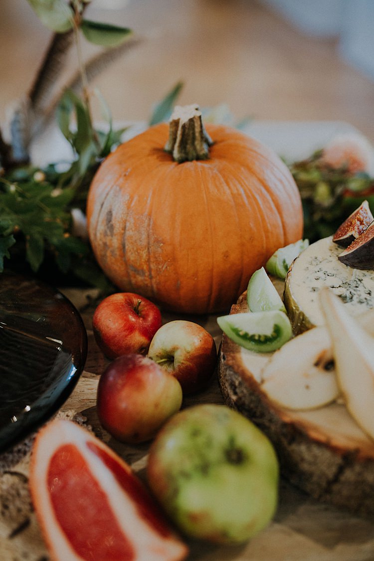 Table Tablescape Decoration Flowers Vegetables Fruit Pumpkins Candles Banquets Bonfires Autumn Wedding Ideas https://lolarosephotography.com/