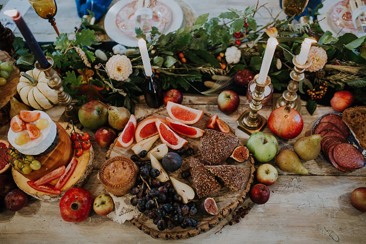 Table Tablescape Decoration Flowers Vegetables Fruit Pumpkins Candles Banquets Bonfires Autumn Wedding Ideas https://lolarosephotography.com/