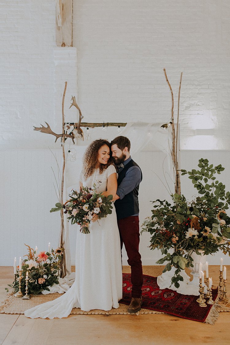 Branch Antler Wooden Arch Backdrop Flowers Arbour Ceremony Rugs Banquets Bonfires Autumn Wedding Ideas https://lolarosephotography.com/
