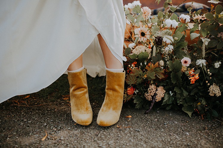 Mustard Block Heel Ankle Boots Bride Bridal Banquets Bonfires Autumn Wedding Ideas https://lolarosephotography.com/