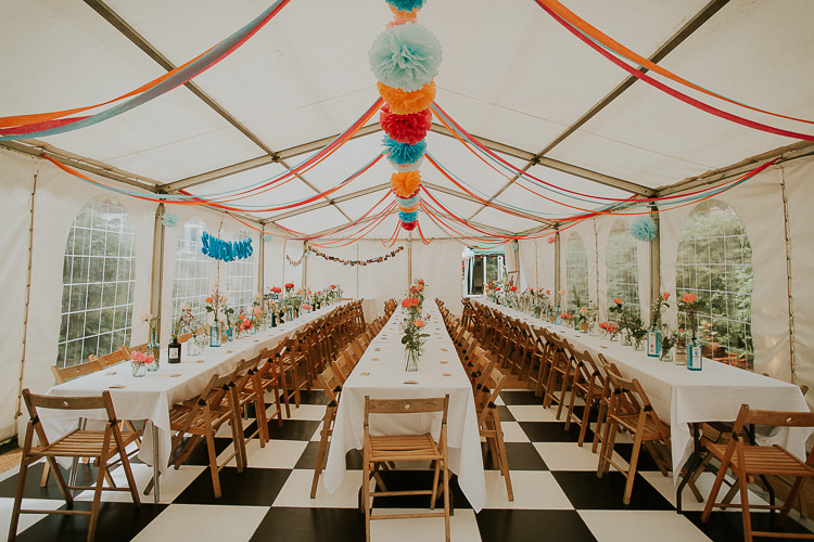 Pom Pom Streamers Flowers Marquee Reception Bright Colourful DIY Back Garden Wedding http://jonnymp.com/