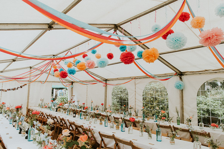 Pom Pom Streamers Flowers Marquee Reception Bright Colourful DIY Back Garden Wedding http://jonnymp.com/