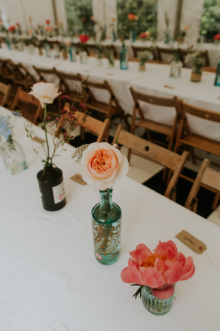 Gin Bottle Flowers Rose Peony Bright Colourful DIY Back Garden Wedding http://jonnymp.com/