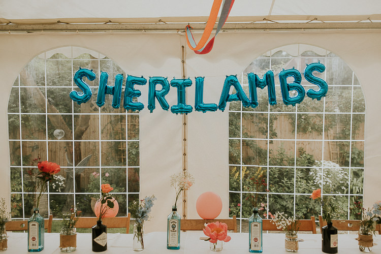Balloons Name Backdrop Table Bright Colourful DIY Back Garden Wedding http://jonnymp.com/