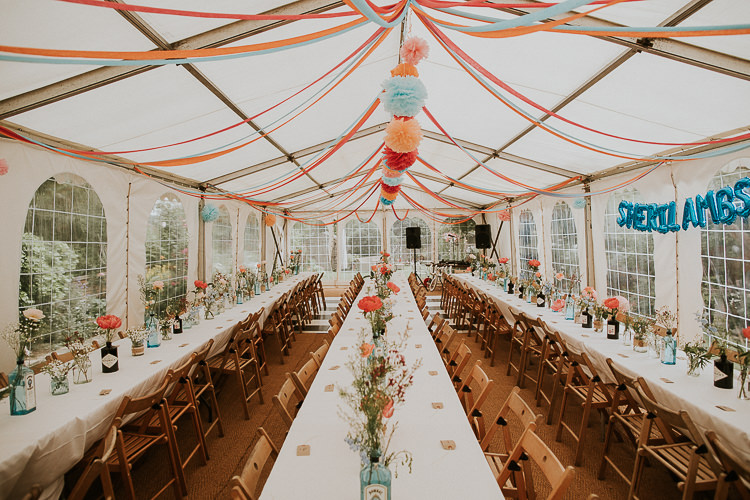 Pom Pom Streamers Flowers Marquee Reception Bright Colourful DIY Back Garden Wedding http://jonnymp.com/