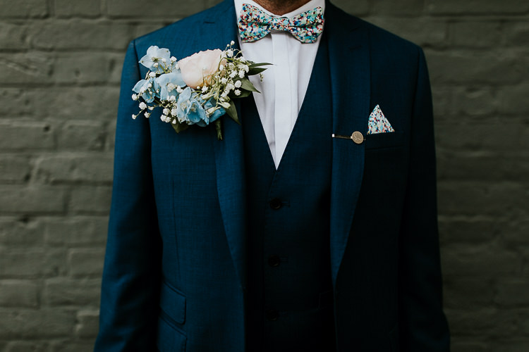 Bow Tie Buttonhole Groom Blue White Bright Colourful DIY Back Garden Wedding http://jonnymp.com/