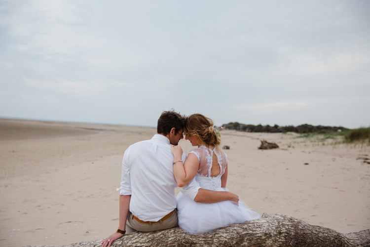 Bride Bridal Tea Length High Neck Lace Bespoke Dress Gown Groom Chinos Shirt Relaxed Fun Beach DIY Wedding http://www.michellehuggleston.com/
