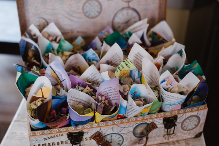 Confetti Cone Book Magazine Real Petal Dried Vintage Suitcase Relaxed Fun Beach DIY Wedding http://www.michellehuggleston.com/