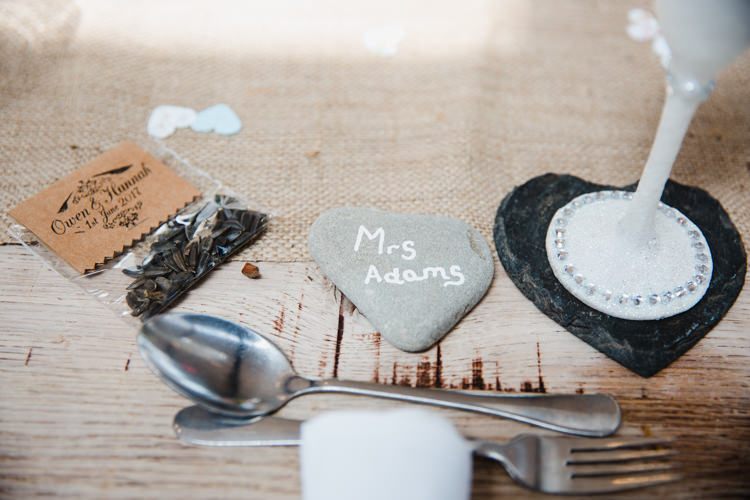 Table Place Setting Pebble Name Card Slate Favour Reclaimed Wood Relaxed Fun Beach DIY Wedding http://www.michellehuggleston.com/