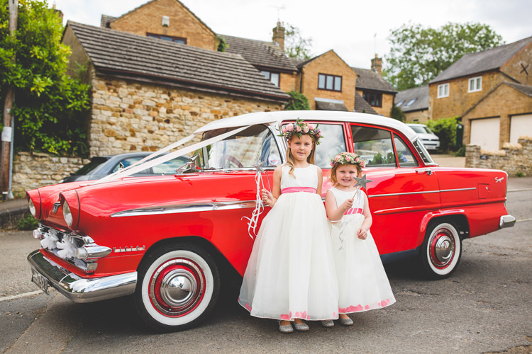Vintage Red Car Flower Girls Rainbow Farm Creative Wedding http://www.livvy-hukins.co.uk/