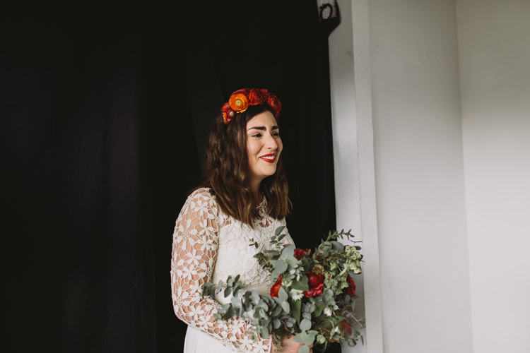 Bride Bridal Dress Gown Lace Long Sleeve Sweetheart Bouquet Red Burgundy Rose Greenery Eucalyptus Flower Crown Alternative London Warehouse Wedding https://www.lukehayden.co.uk/