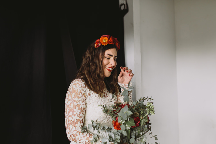 Bride Bridal Dress Gown Lace Long Sleeve Sweetheart Bouquet Red Burgundy Rose Greenery Eucalyptus Flower Crown Alternative London Warehouse Wedding https://www.lukehayden.co.uk/