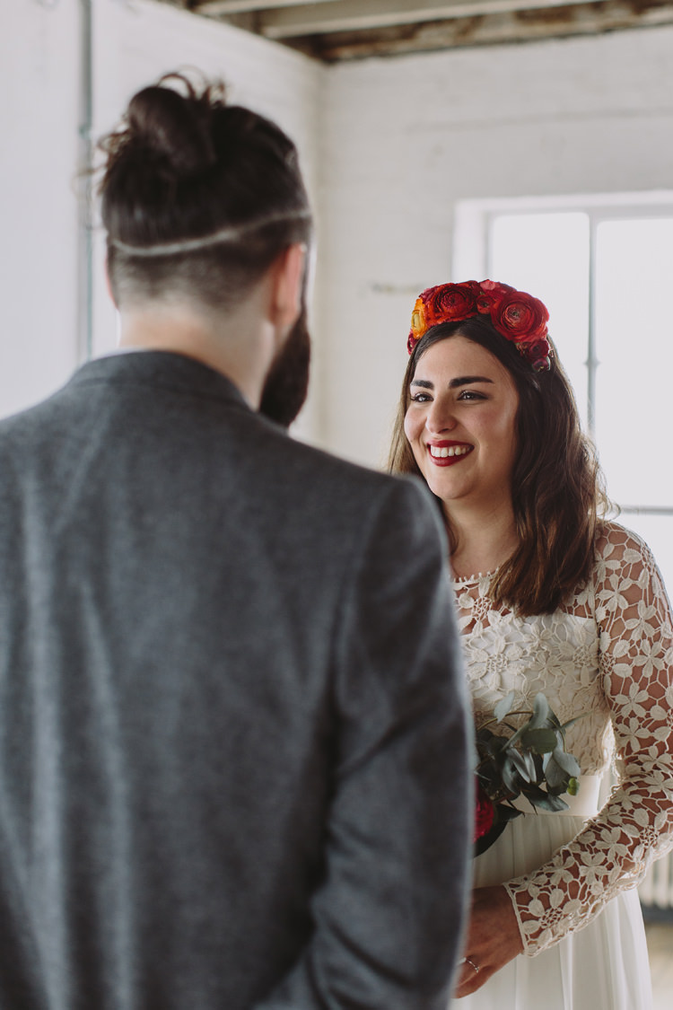 Bride Bridal Dress Gown Lace Long Sleeve Sweetheart Bouquet Red Burgundy Rose Greenery Eucalyptus Flower Crown Alternative London Warehouse Wedding https://www.lukehayden.co.uk/