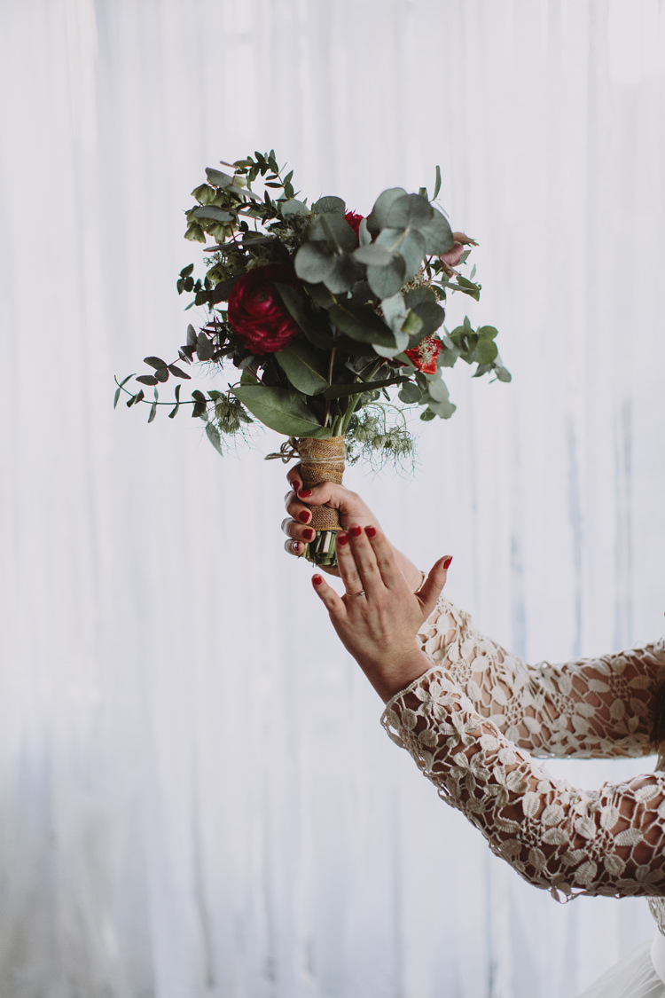 Bride Bridal Bouquet Greenery Eucalyptus Red Twine Rustic Alternative London Warehouse Wedding https://www.lukehayden.co.uk/