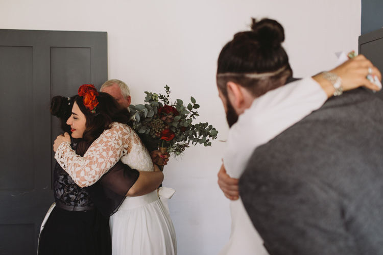 Bride Bridal Dress Gown Lace Long Sleeve Sweetheart Bouquet Red Burgundy Rose Greenery Eucalyptus Flower Crown Alternative London Warehouse Wedding https://www.lukehayden.co.uk/