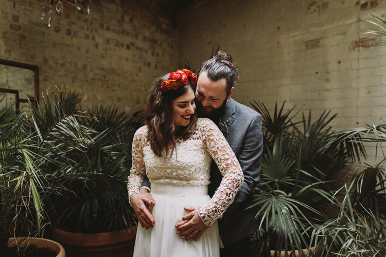 Bride Bridal Dress Gown Lace Long Sleeve Sweetheart Flower Crown Red Burgundy Rose Grey Tweed Groom Alternative London Warehouse Wedding https://www.lukehayden.co.uk/