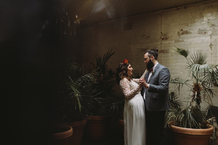 Bride Bridal Dress Gown Lace Long Sleeve Sweetheart Red Burgundy Rose Flower Crown Grey Tweed Groom Bow Tie Alternative London Warehouse Wedding https://www.lukehayden.co.uk/