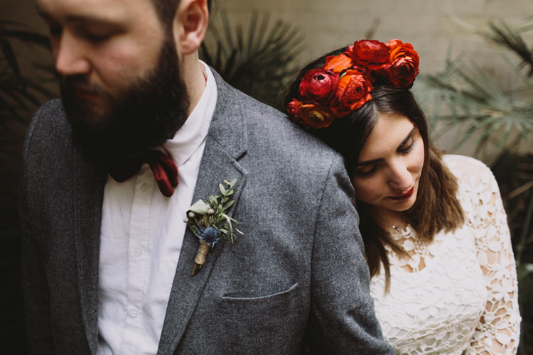 Bride Bridal Dress Gown Lace Long Sleeve Sweetheart Red Burgundy Rose Flower Crown Grey Tweed Groom Bow Tie Alternative London Warehouse Wedding https://www.lukehayden.co.uk/