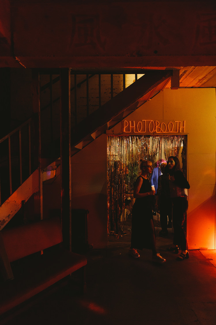 Photobooth Tinsel Curtain Alternative London Warehouse Wedding https://www.lukehayden.co.uk/