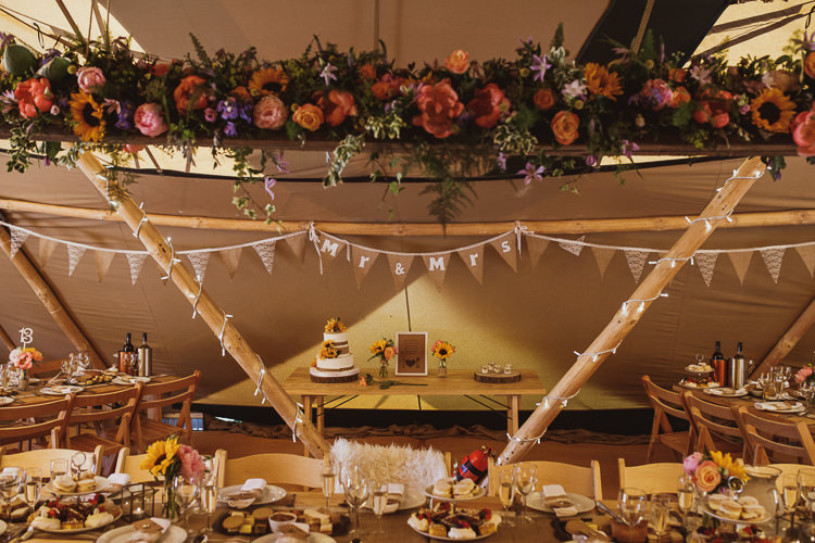 Hessian Bunting Floral Garland Installation Colourful Rustic Rural Clifftop Tipi Wedding https://www.njphotographic.co.uk/