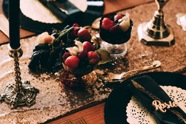 Table Setting Sequin Runner Berries Candlesticks Candles Laser Cut Place Card Name Doily Opulent Eccentric Berry Gold Wedding https://mattaustinimages.co.uk/
