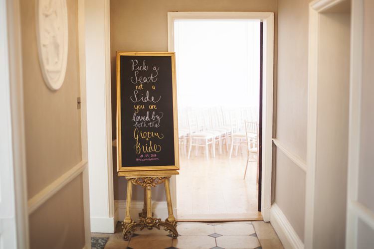 Pick a Seat Not a Side Blackboard Gold Frame Elegant DIY Country Manor Wedding http://www.bengoode.com/