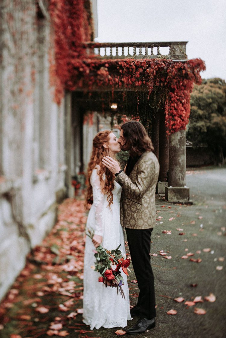 Groom Gold Jacket Paisley Tuxedo Bow Tie Bride Bridal Long Sleeved Dress Gown High Street Boohoo Opulent Eccentric Berry Gold Wedding https://mattaustinimages.co.uk/