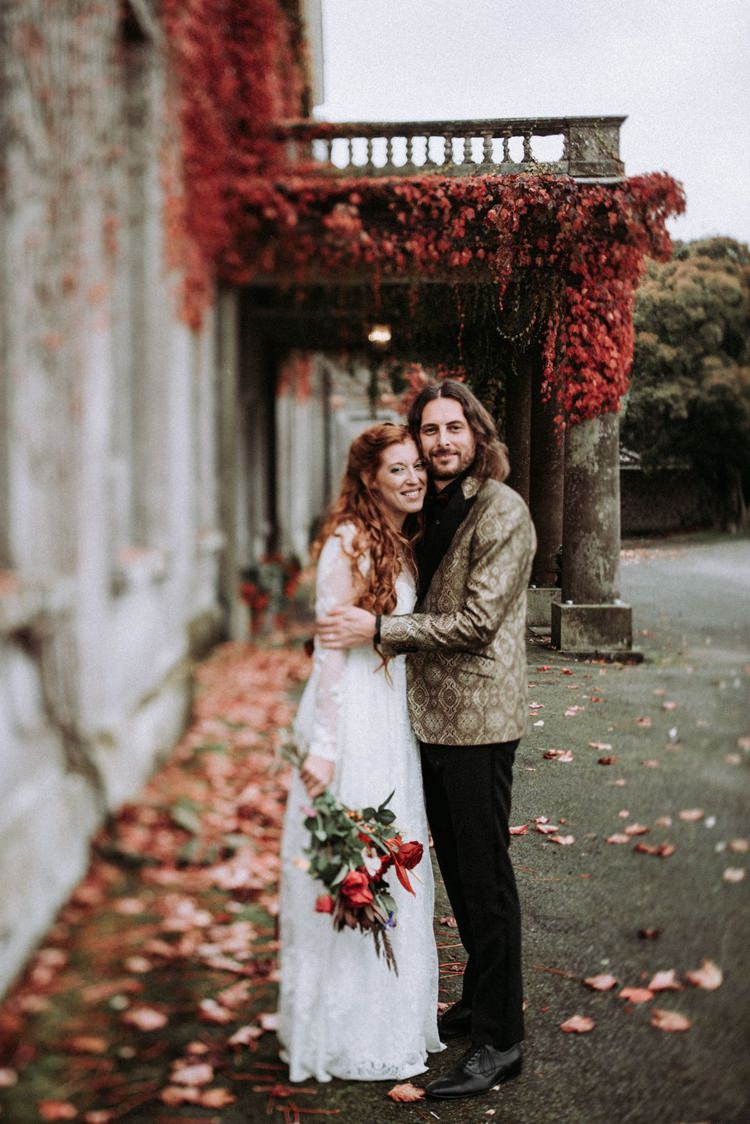 Groom Gold Jacket Paisley Tuxedo Bow Tie Bride Bridal Long Sleeved Dress Gown High Street Boohoo Opulent Eccentric Berry Gold Wedding https://mattaustinimages.co.uk/