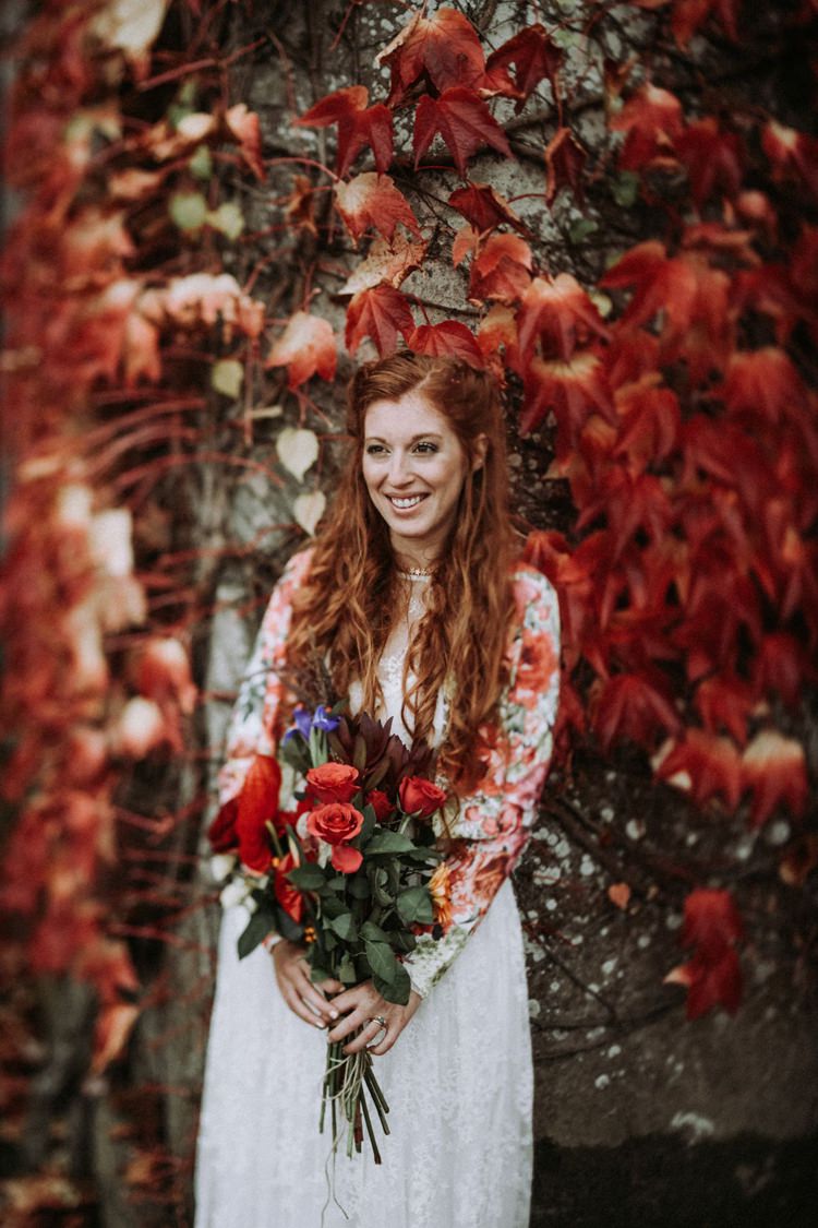 Bride Bridal Long Sleeved Dress Gown Deconstructed Bouquet Loose Curls Waves Opulent Eccentric Berry Gold Wedding https://mattaustinimages.co.uk/