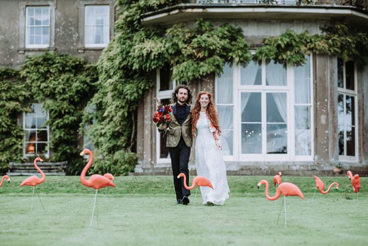 Groom Gold Jacket Paisley Tuxedo Bow Tie Bride Bridal Long Sleeved Dress Gown High Street Boohoo Lawn Flamingos Opulent Eccentric Berry Gold Wedding https://mattaustinimages.co.uk/