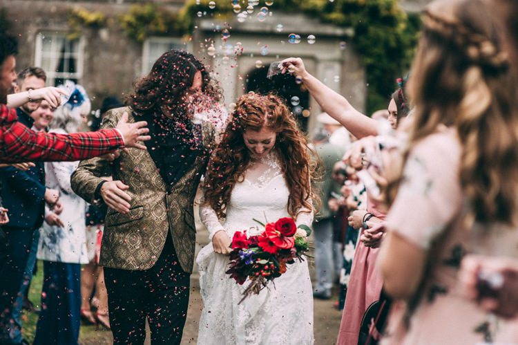 Groom Gold Jacket Paisley Tuxedo Bow Tie Bride Bridal Long Sleeved Dress Gown High Street Boohoo Confetti Bubbles Opulent Eccentric Berry Gold Wedding https://mattaustinimages.co.uk/