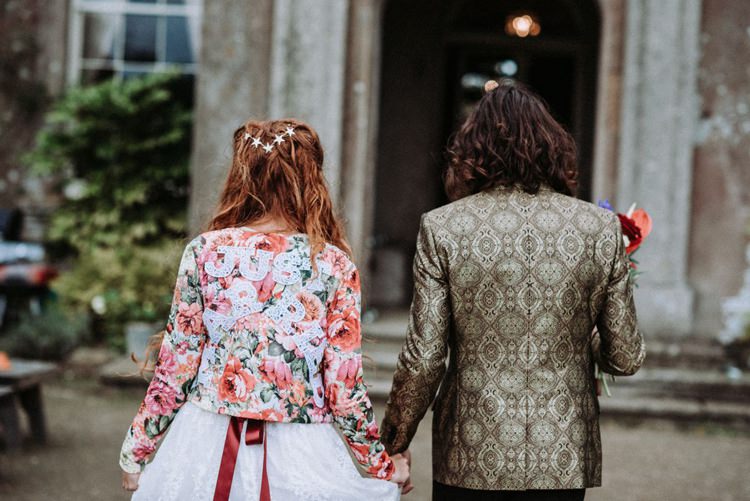 Groom Gold Jacket Paisley Tuxedo Bow Tie Bride Bridal Long Sleeved Dress Gown High Street Boohoo Embroidered Just Married Floral Jacket Opulent Eccentric Berry Gold Wedding https://mattaustinimages.co.uk/