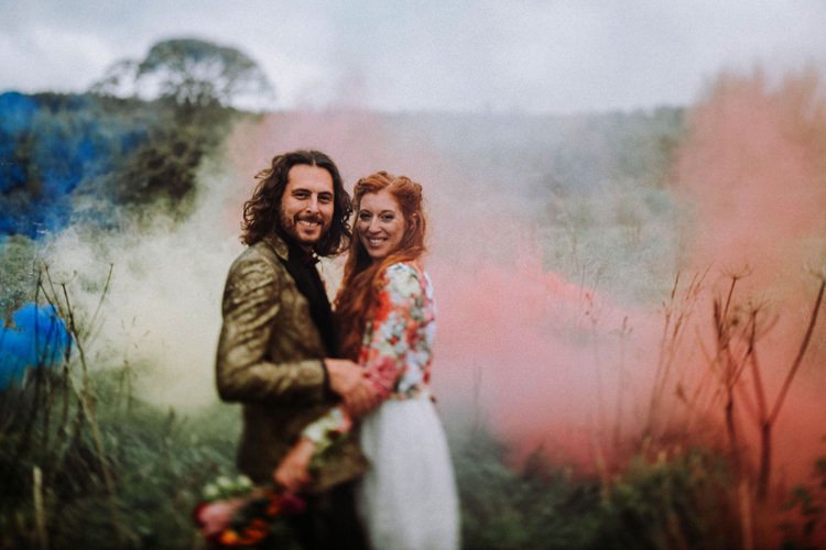 Groom Gold Jacket Paisley Tuxedo Bow Tie Bride Bridal Long Sleeved Dress Gown High Street Boohoo Embroidered Just Married Floral Jacket Smoke Bomb Opulent Eccentric Berry Gold Wedding https://mattaustinimages.co.uk/