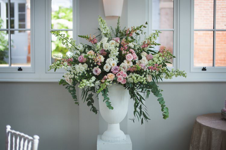 Pedestal Urn Floral Arrangement Flowers Pastel Cream Elegant DIY Country Manor Wedding http://www.bengoode.com/