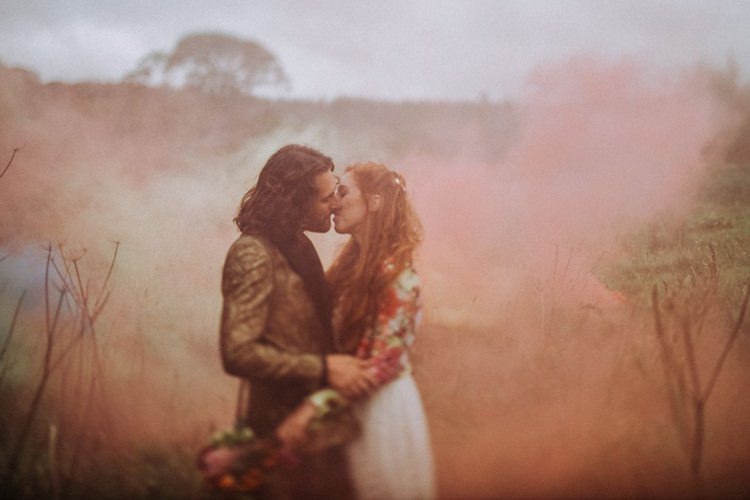 Groom Gold Jacket Paisley Tuxedo Bow Tie Bride Bridal Long Sleeved Dress Gown High Street Boohoo Embroidered Just Married Floral Jacket Smoke Bomb Opulent Eccentric Berry Gold Wedding https://mattaustinimages.co.uk/