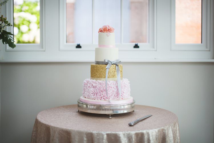 Cake Table Sequin Shimmery Table Cloth Sparkly Cake Tiered Gold Pink Elegant DIY Country Manor Wedding http://www.bengoode.com/