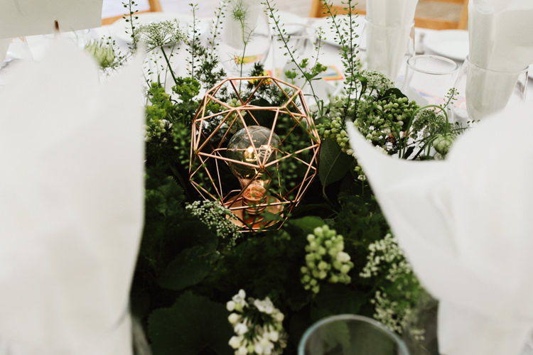 Table Centrepiece Decor Rose Gold Light Blub Greenery Flowers Fun Town Hall Countryside Gardens Cat Wedding http://www.allymphotography.com/
