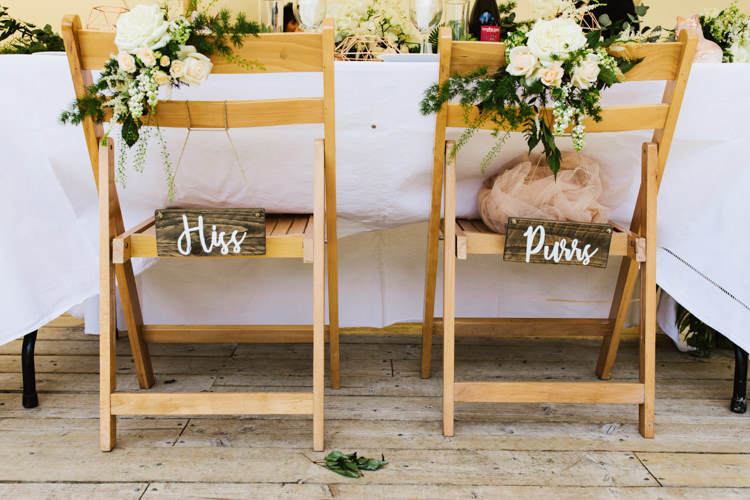 Chair Decor Flowers Bride Groom Signs Fun Town Hall Countryside Gardens Cat Wedding http://www.allymphotography.com/