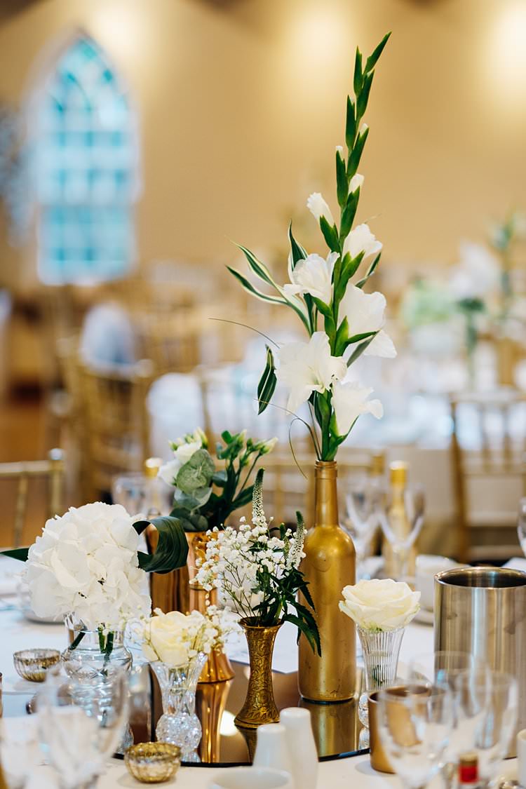 Flowers Table Decor Centrepiece Gold Mirror Bottles Stylish Country House Rave Wedding http://www.mariannechua.com/