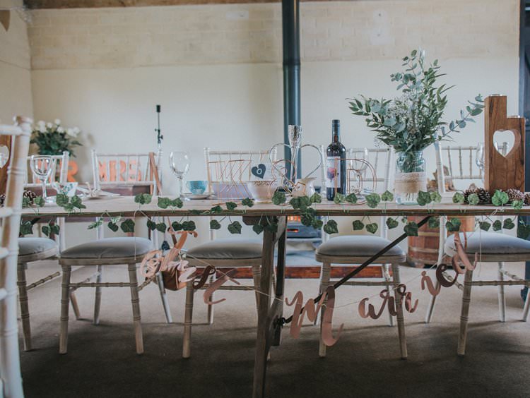 Top Table Decor Banner Foliage Whimsical Green Copper Rustic DIY Wedding http://www.brookrosephotography.co.uk/