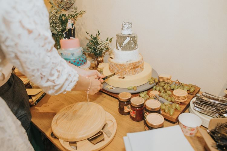 Cheese Tower Stack Cake Whimsical Green Copper Rustic DIY Wedding http://www.brookrosephotography.co.uk/