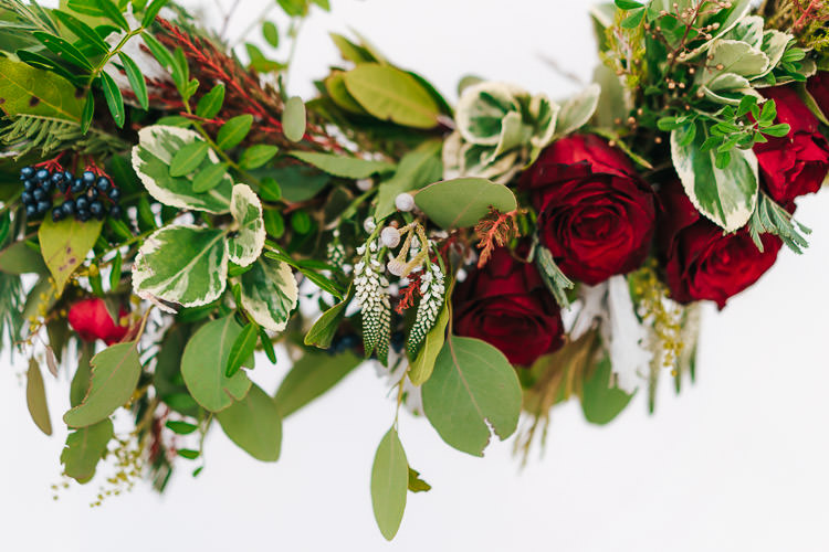 Flowers Greenery Folliage Rose Red Green Winter Wonderland Wedding Ideas http://www.angelawardbrown.com/