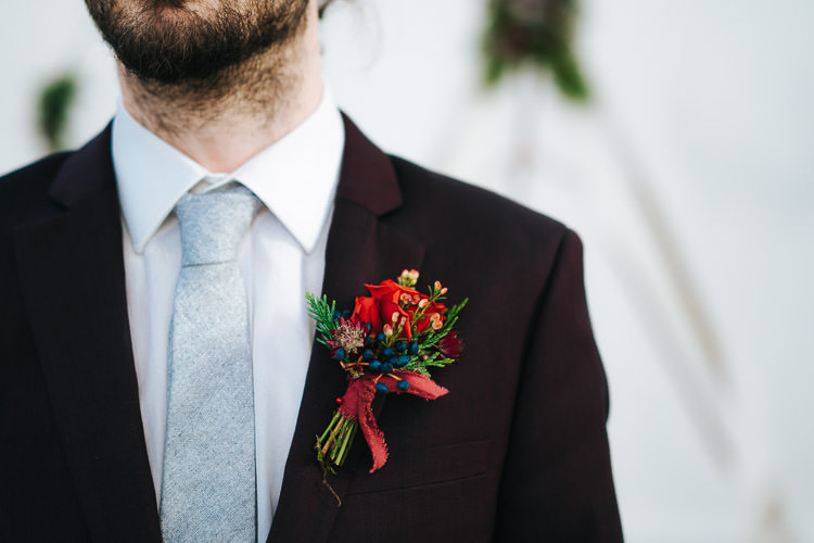 Flowers Greenery Folliage Rose Buttonhole Groom Red Green Winter Wonderland Wedding Ideas http://www.angelawardbrown.com/