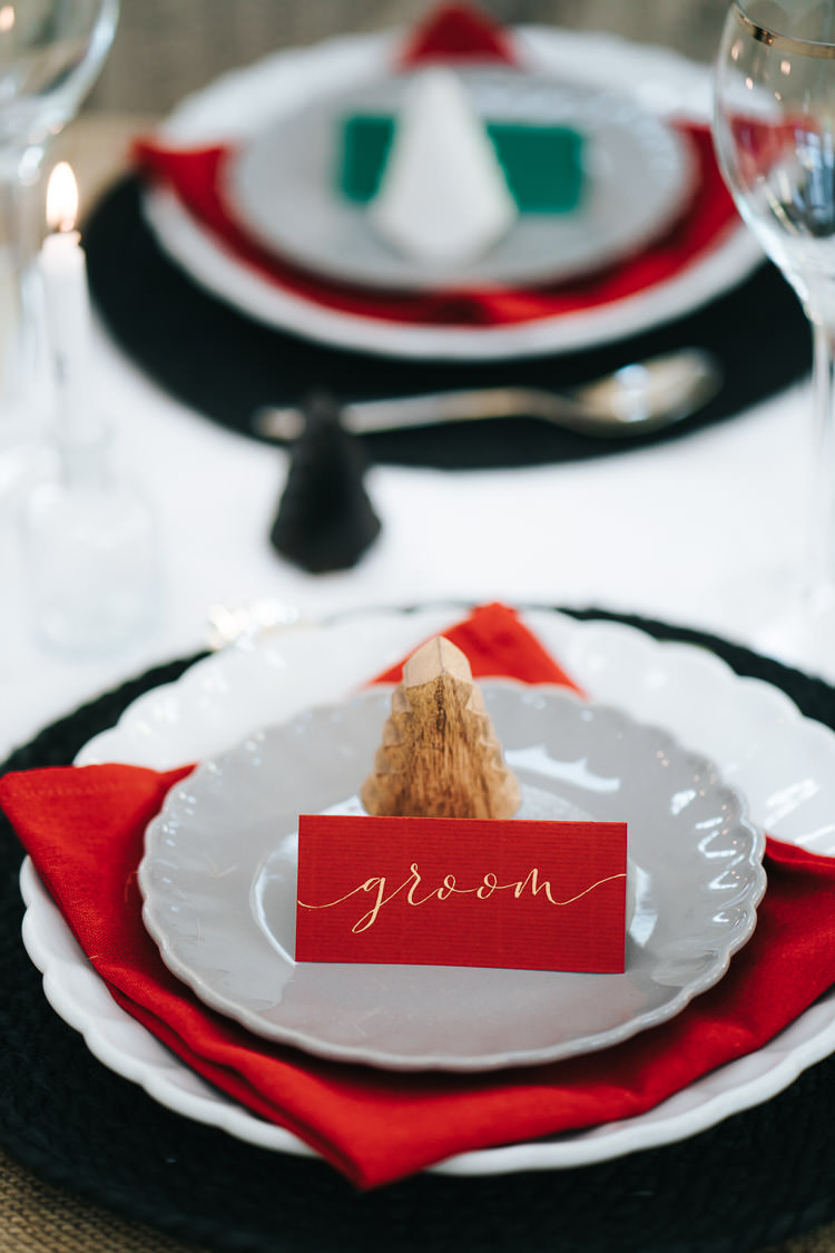 Gold Calligraphy Place Name Card Red Green Winter Wonderland Wedding Ideas http://www.angelawardbrown.com/