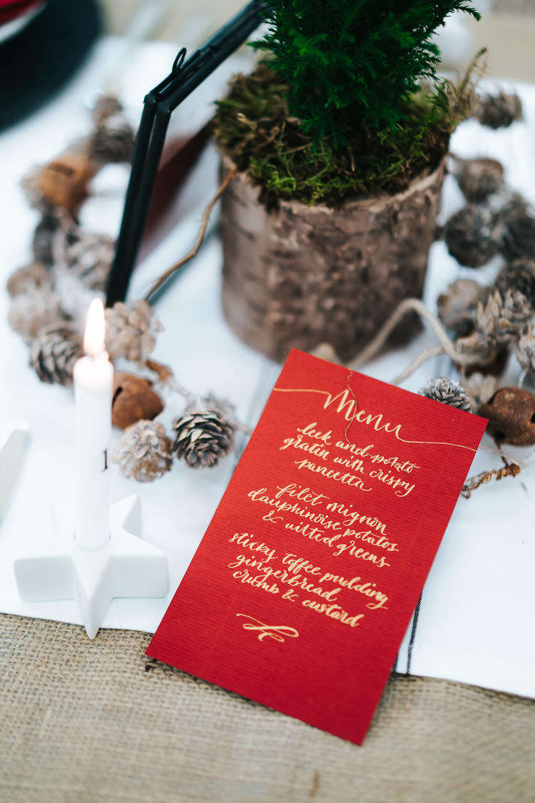 Gold Calligraphy Menu Red Green Winter Wonderland Wedding Ideas http://www.angelawardbrown.com/