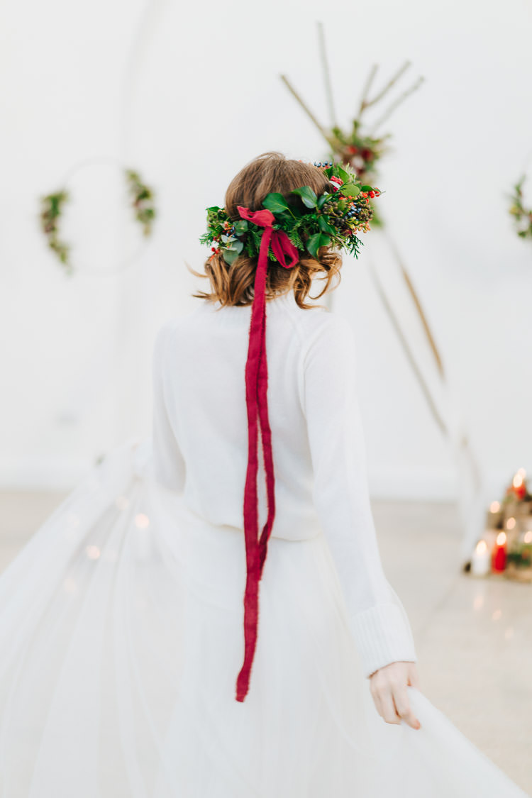 Flower Crown Ribbon Bride Bridal Headdress Red Green Winter Wonderland Wedding Ideas http://www.angelawardbrown.com/