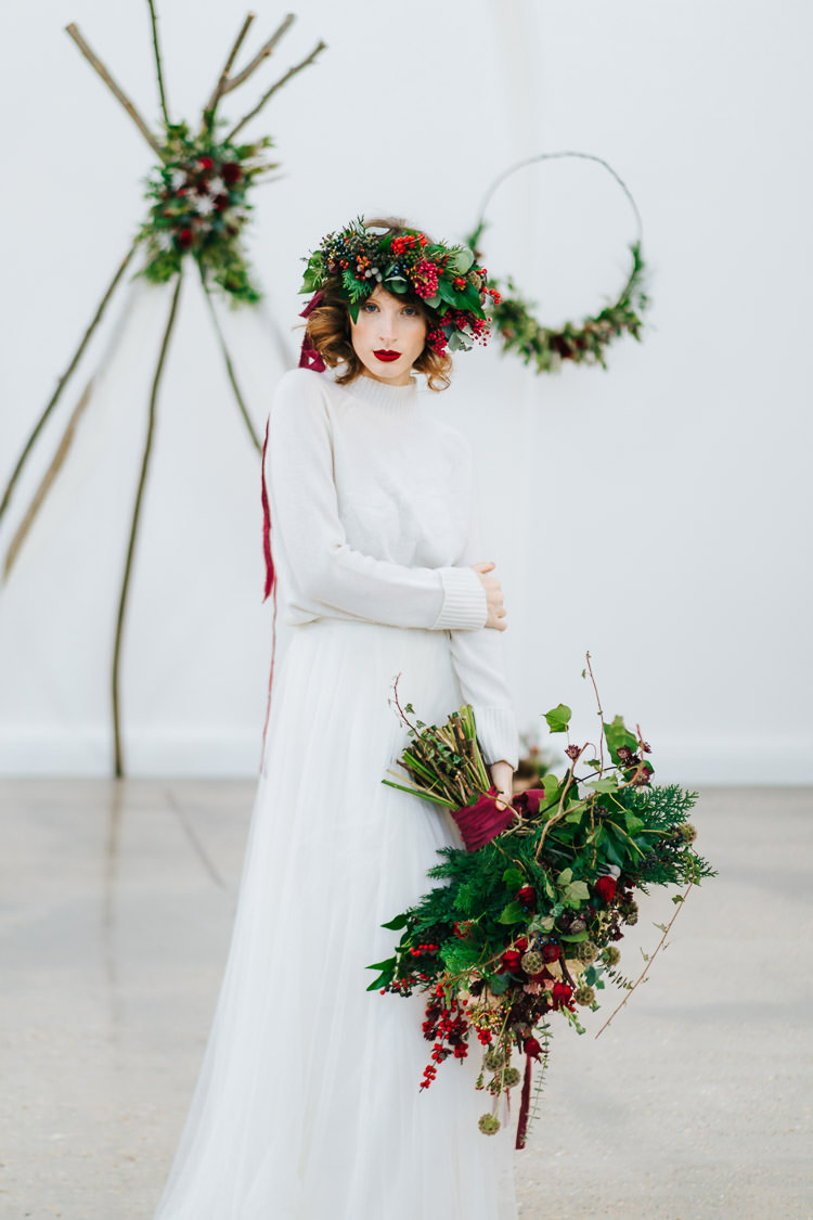 Flowers Greenery Folliage Rose Bouquet Bride Bridal Red Green Winter Wonderland Wedding Ideas http://www.angelawardbrown.com/